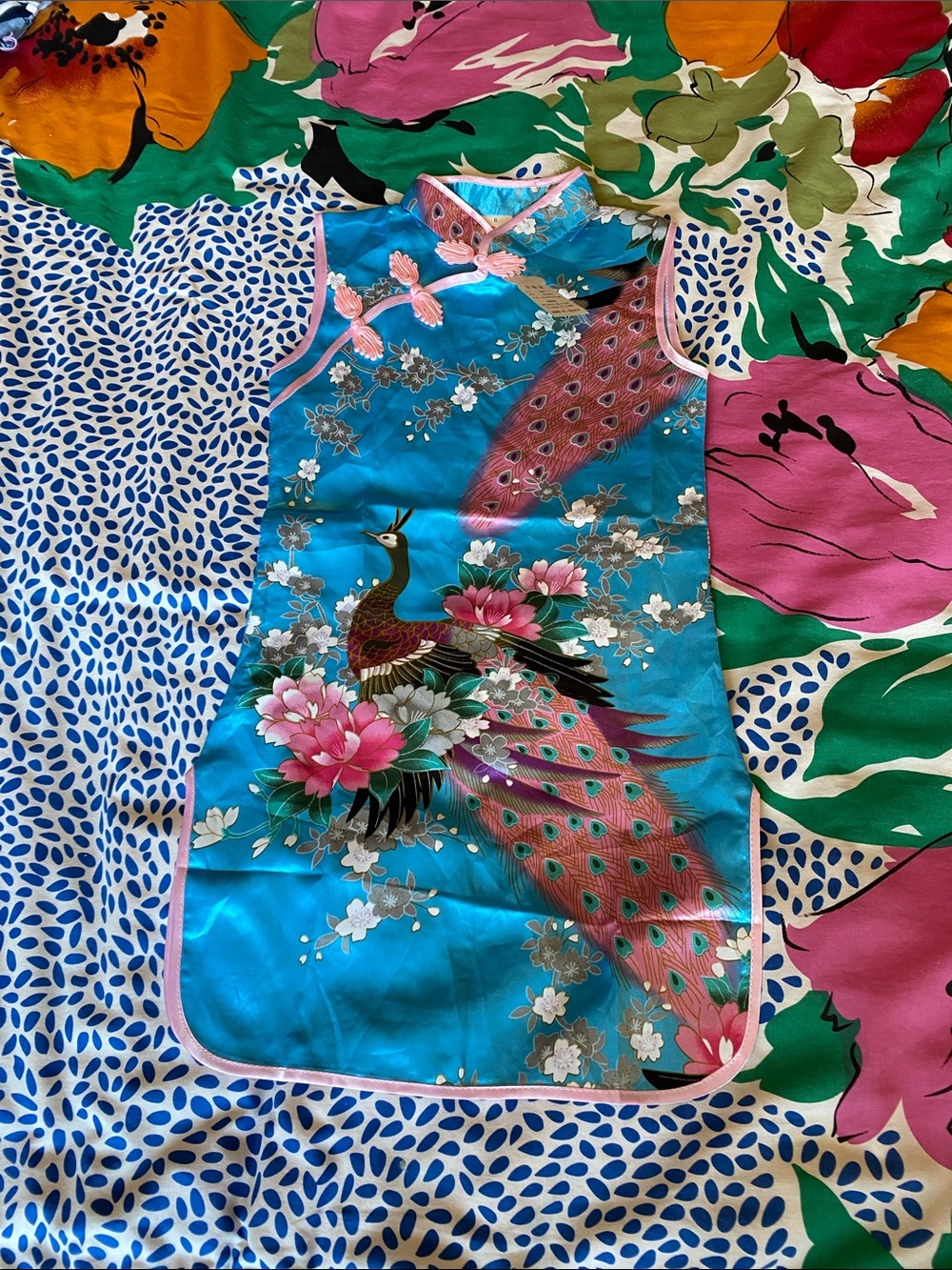 Turquoise Satin Peacock Cheongsam Dress with Pink Trim